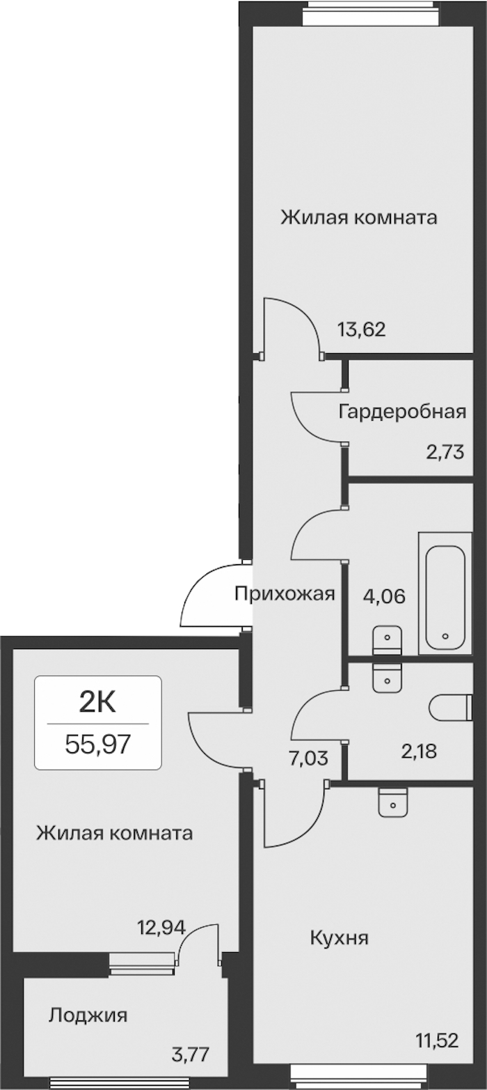 2-комнатная квартира 55.97 м², 11/11 эт., ЖК «Расцветай в Янино»